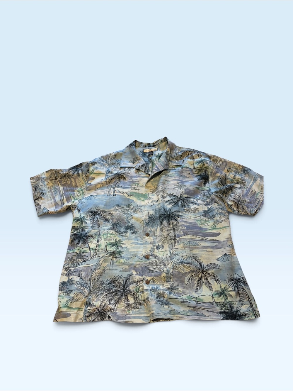 Tommy Bahama Tropical Print Short-Sleeve Camp Shirt - Blue/Beige 100% Silk